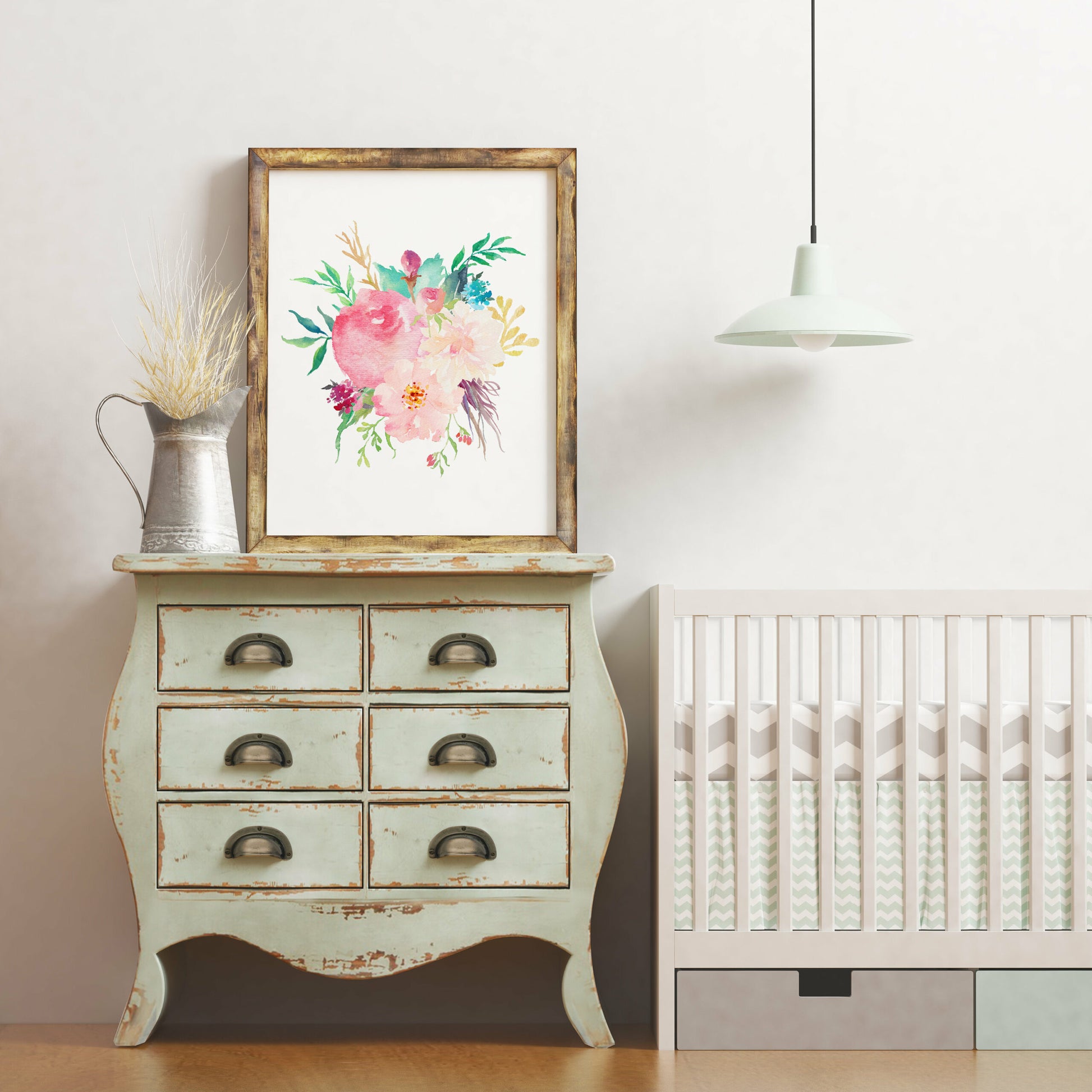 Pink Watercolor Flowers, Nursery Printable Wall Art, Pink Peony Bouquet Decor