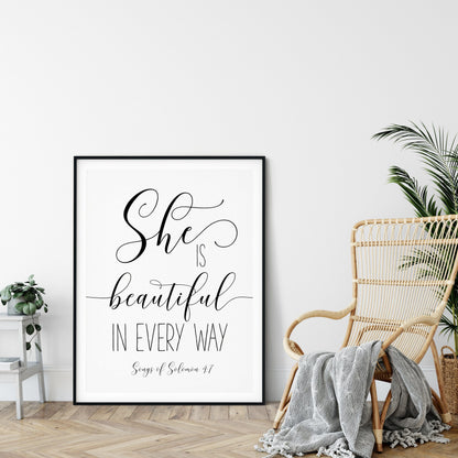 She Is Beautiful, Songs Of Solomon 4:7, Bible Verse Printable Wall Art,Nursery Bible Quotes