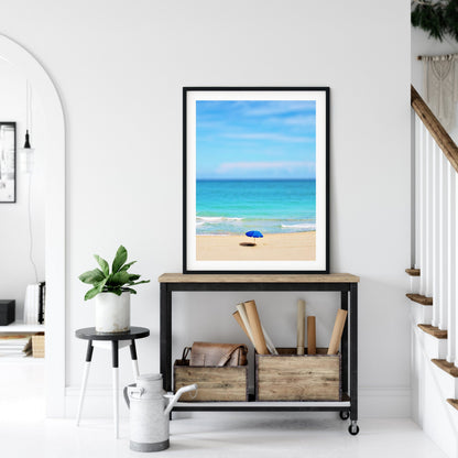 Beach Landscape Print, Blue and Gold Abstract Landscape Art, Home Decor Print