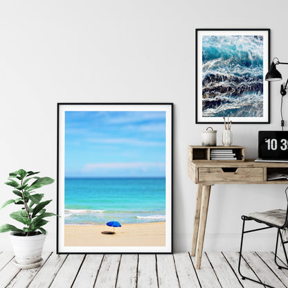 Beach Landscape Print, Blue and Gold Abstract Landscape Art, Home Decor Print