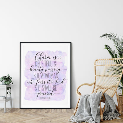 Proverbs 31:30, Charm is Deceitful Beauty Passing, Bible Verse Print Wall Art, Nursery Bible Quotes
