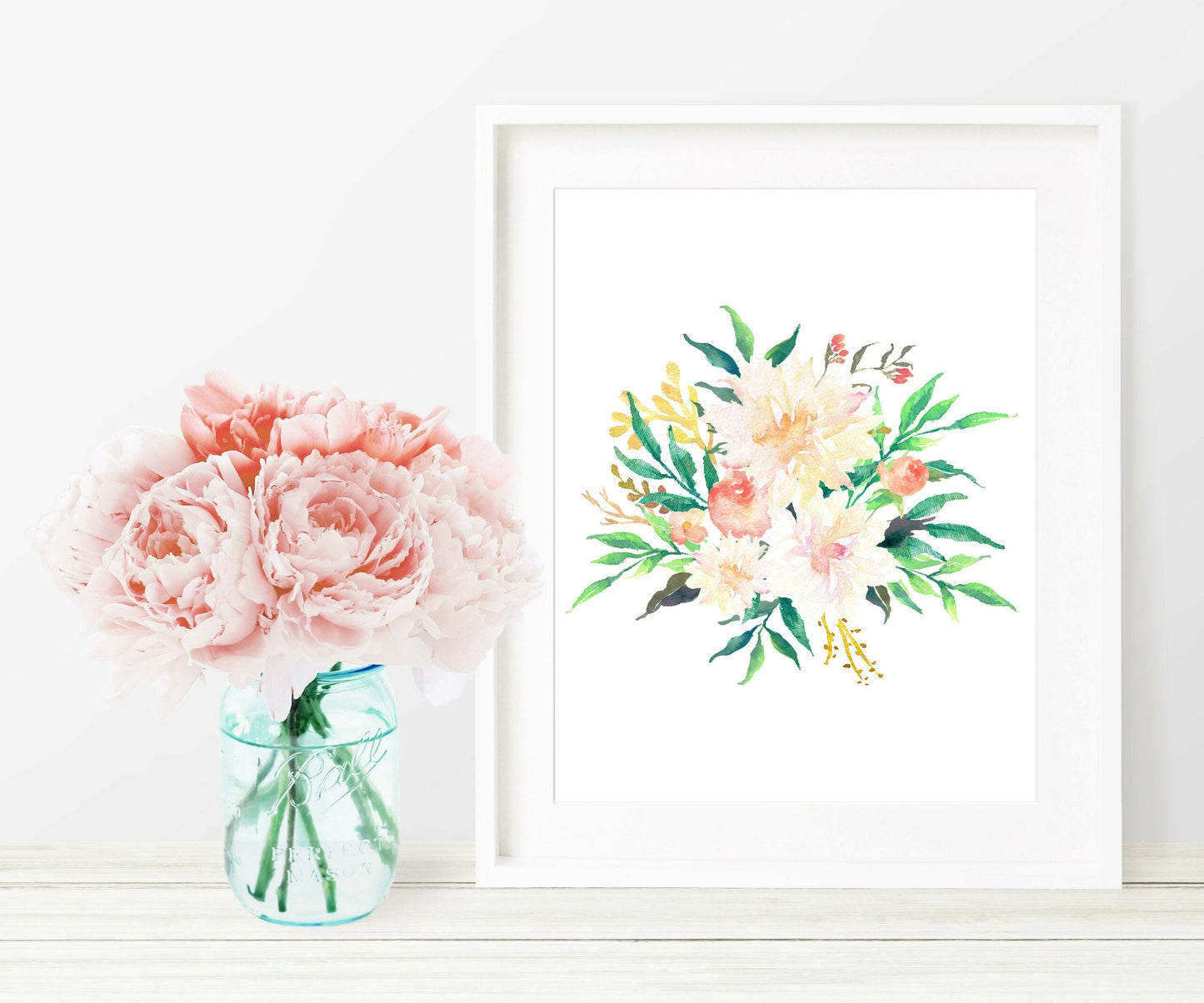 Pink Watercolor Flowers, Pink Cream Floral Nursery Decor, Pink Peony Bouquet