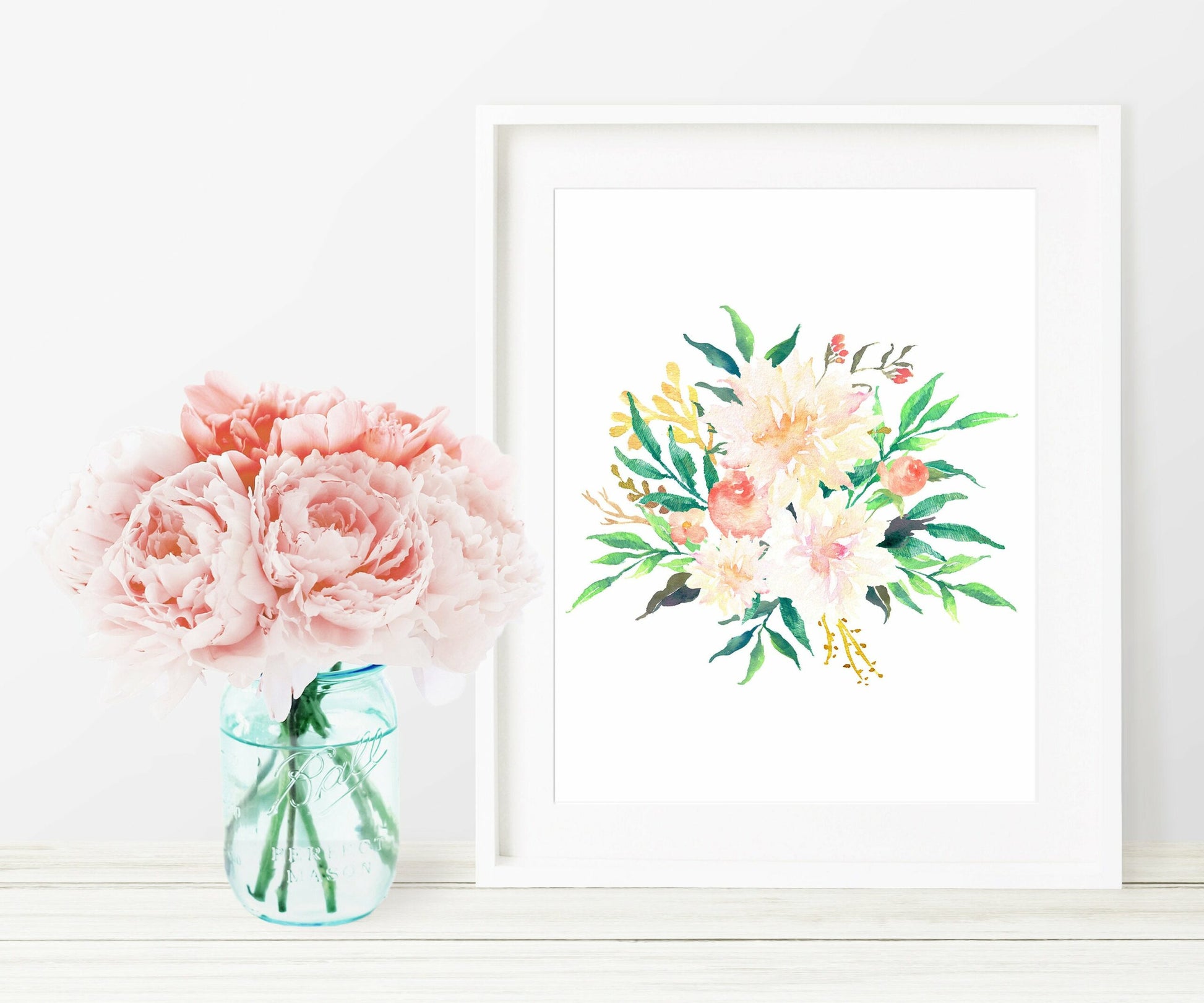 Pink Watercolor Flowers, Pink Cream Floral Nursery Decor, Pink Peony Bouquet