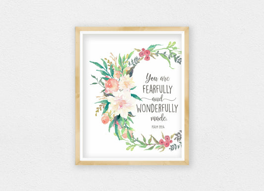 You Are Fearfully And Wonderfully Made, Psalm 139:14,Nursery Bible Verse Print