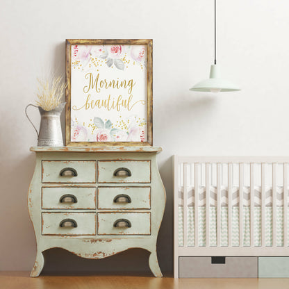 Morning Beautiful Printable Nursery Wall Art, Gold Nursery Room Decor Girl Quote