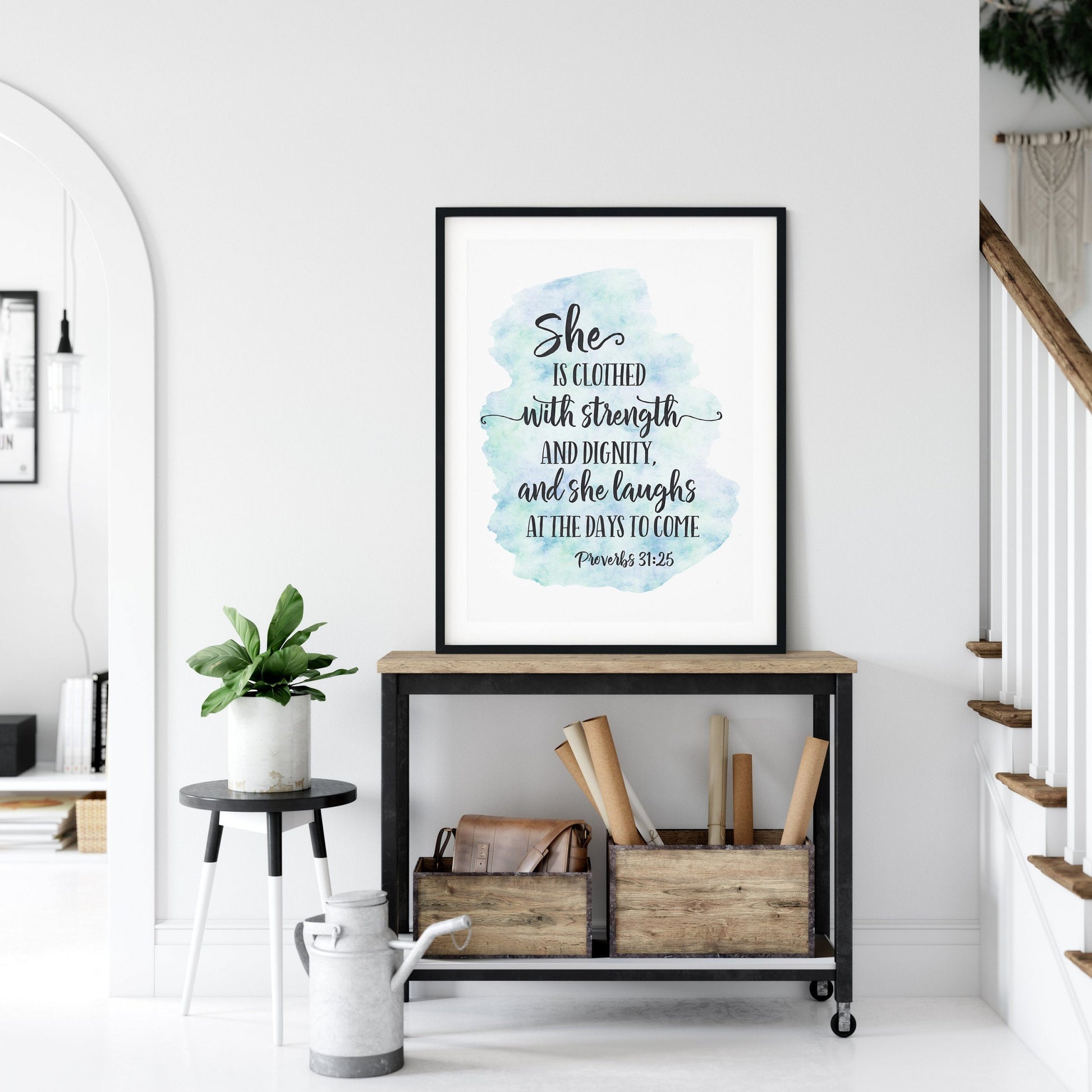 She is Clothed in Strength and Dignity, Proverbs 31:25, Bible Verse Wall Art, Girls Room Decor