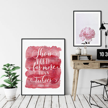She's Worth Far More Than Rubies, Proverbs 31:10, Bible Verse Printable, Christian Wall Art
