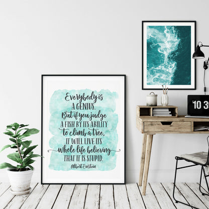 Everybody Is A Genius,Agert Einstein Quote,Room Decor Wall Art Print Quotes