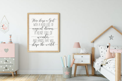Here Sleeps A Girl With A Head Full Of Magical Dreams, Nursery Prints, Girl Room