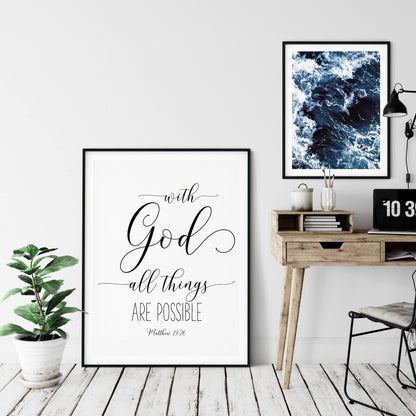 With God All Things are Possible, Matthew 19:26,Bible Verse Printable Wall Art,Nursery Bible Quotes