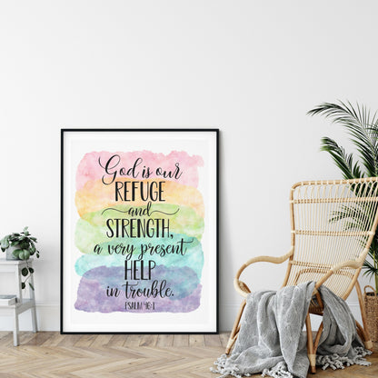 God Is Our Refuge And Strength, Psalm 46:1, Catholic Prayer, Bible Verse Printable Nursery Decor