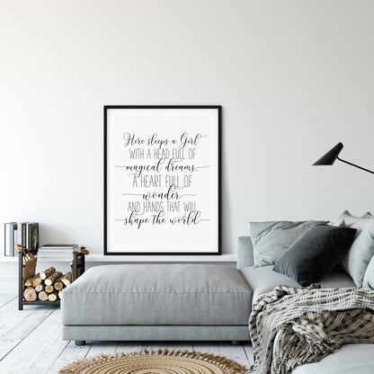 Here Sleeps A Girl With A Head Full Of Magical Dreams, Nursery Prints, Girl Room