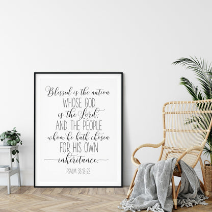 Blessed is the Nation, Psalm 33:12, Nursery Bible Verse Printable, Scripture Wall Art