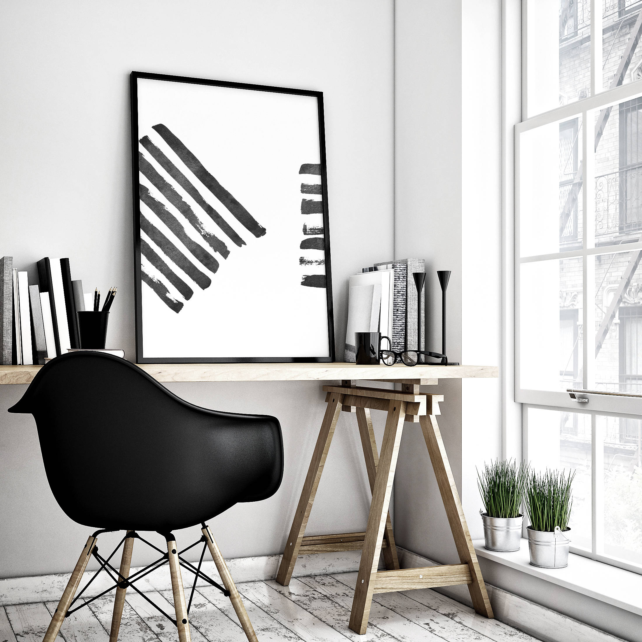 Black and White Abstract Brush Strokes Art Print, Room Wall Art Decor