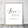 Scripture Decor, Love Never Fails, Wedding Wall Art, Christian Art, 1 Corinthians 13:8