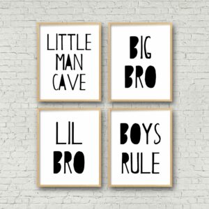 Set of 4 Prints, Little Man Cave, Big Bro, Lil Bro, Boys Rule, Boys Room Wall Art,Kids Room Decor