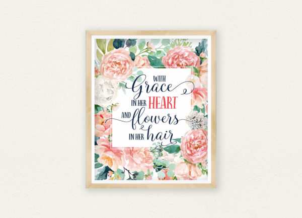 With Grace in Her Heart and Flowers in Her Hair, Pink Green Nursery Art Decor