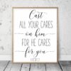 Cast All Your Cares On Him For He Cares For You, 1 Peter 5:7, Bible Verse Printable