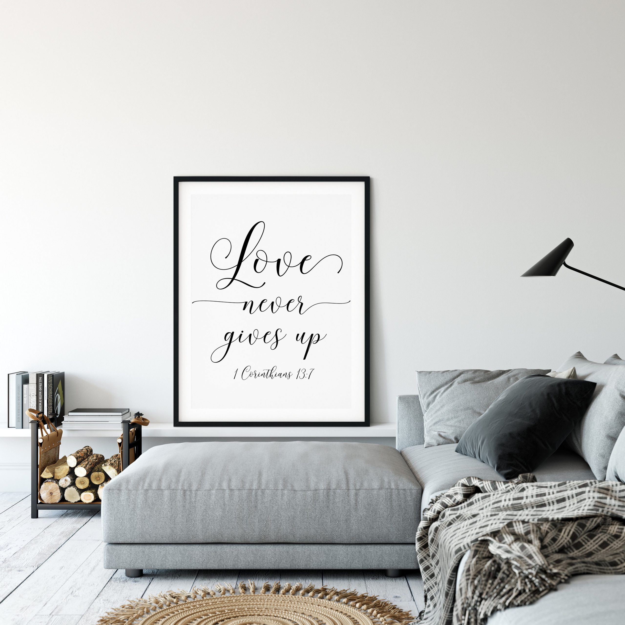 Love Never Gives Up, 1 Corinthians 13:7, Bible Verse Printable Wall Art, Nursery Bible Quotes