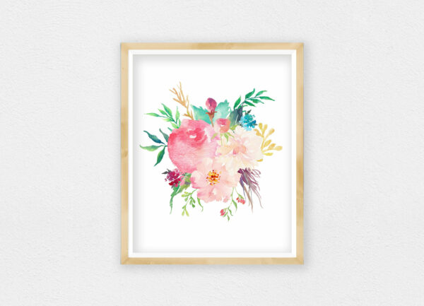 Pink Watercolor Flowers, Nursery Printable Wall Art, Pink Peony Bouquet Decor