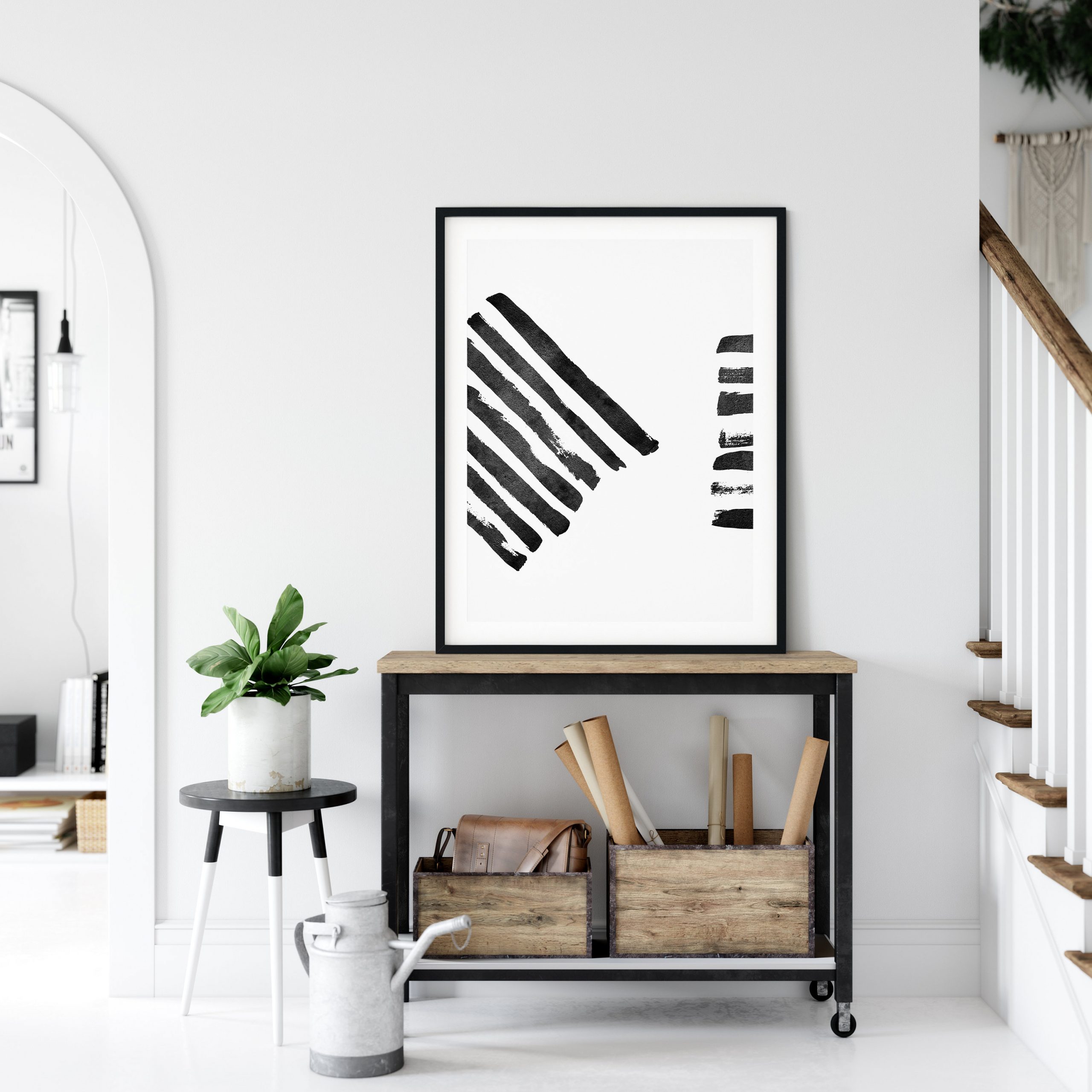 Black and White Abstract Brush Strokes Art Print, Room Wall Art Decor