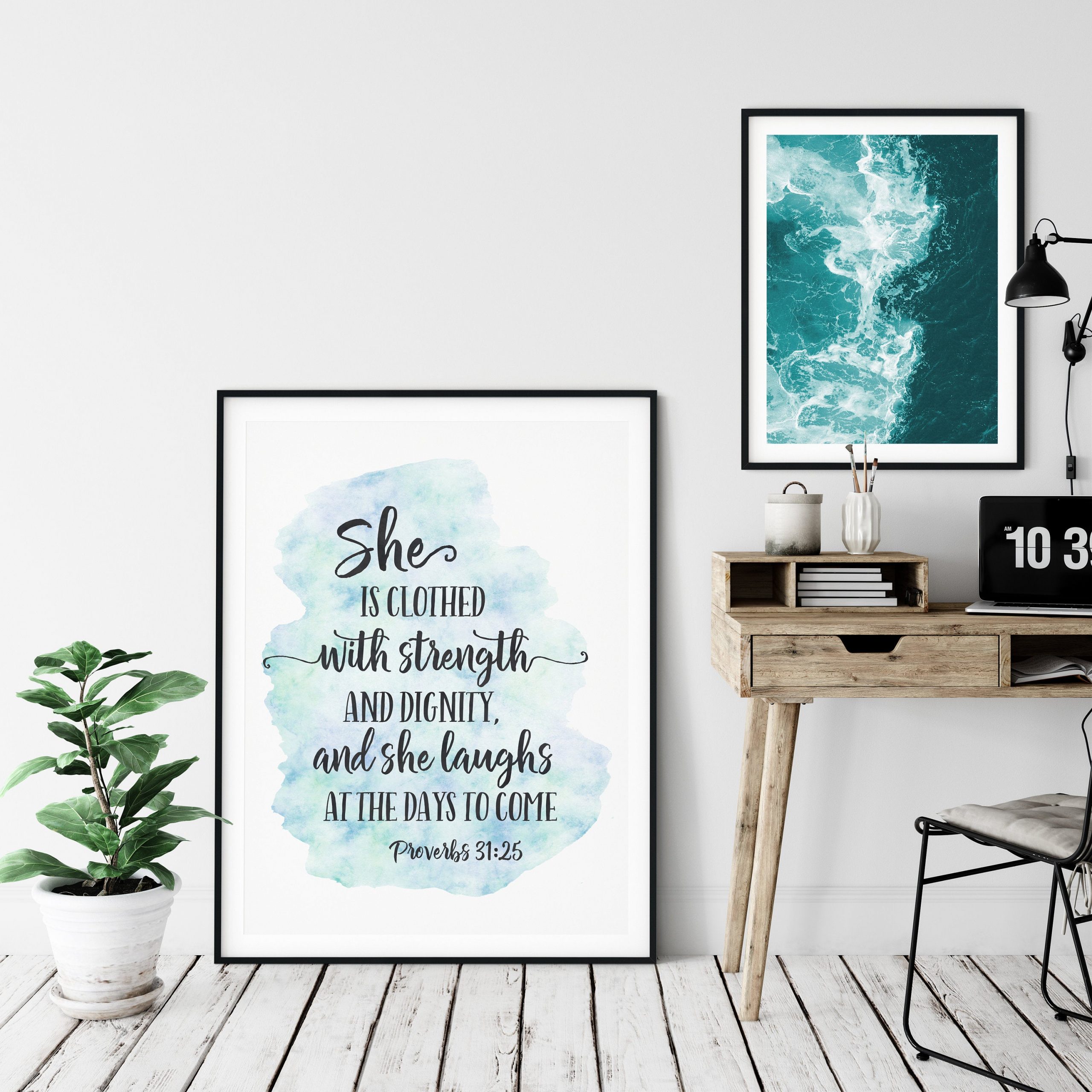 She is Clothed in Strength and Dignity, Proverbs 31:25, Bible Verse Wall Art, Girls Room Decor
