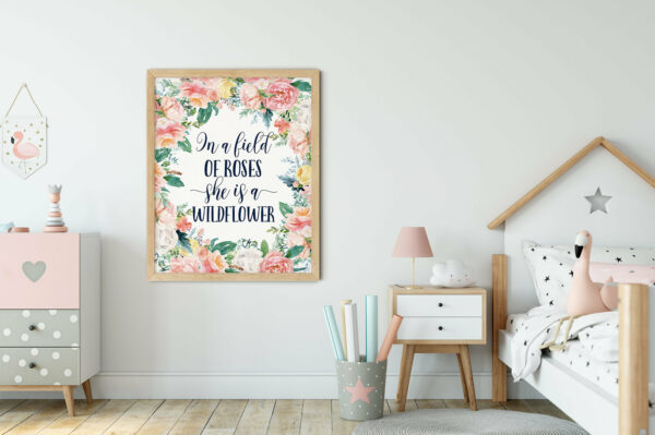 In A Field Of Roses She Is Wildflower, Blue Flowers Print, Girls Room Art Decor
