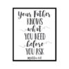 "Your Father Knows What You Need, Matthew 6:8" Bible Verse Poster Print