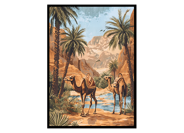 Desert Oasis with Friendly Camels Wall Art Decor Poster Print