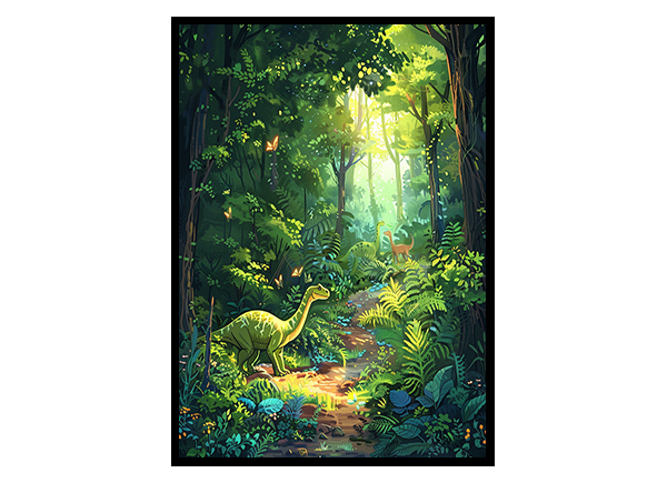 Friendly Dinosaurs in a Forest Wall Art Decor Poster Print