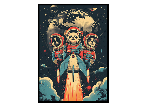 Space Rocket with Animal Explorers Wall Art Decor Poster Print